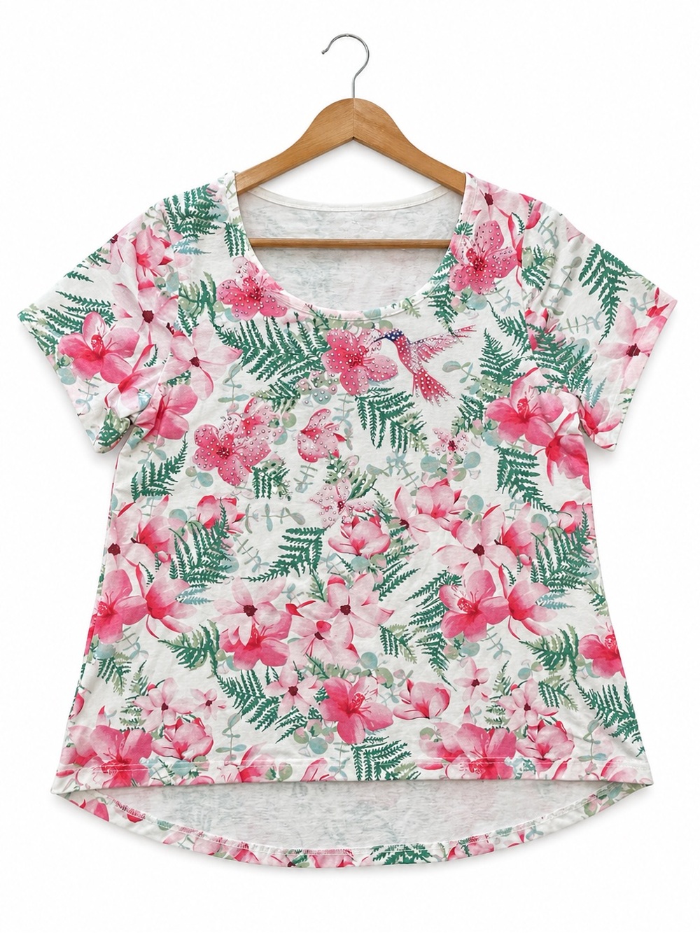 Princess Cruises Top Medium M Pink Hibiscus Floral Hummingbird Blouse Rhinestone